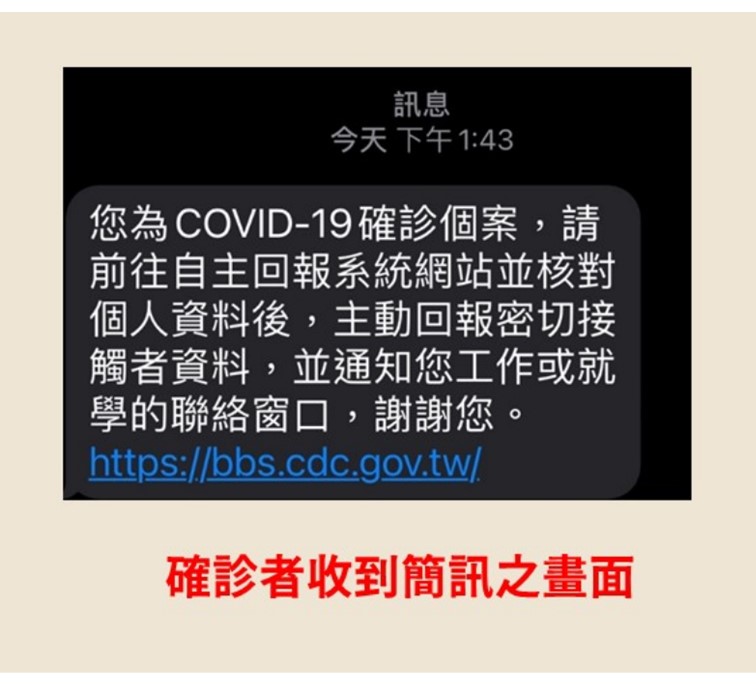 確診個案自主回報疫調系統發送給確診者簡訊內容
