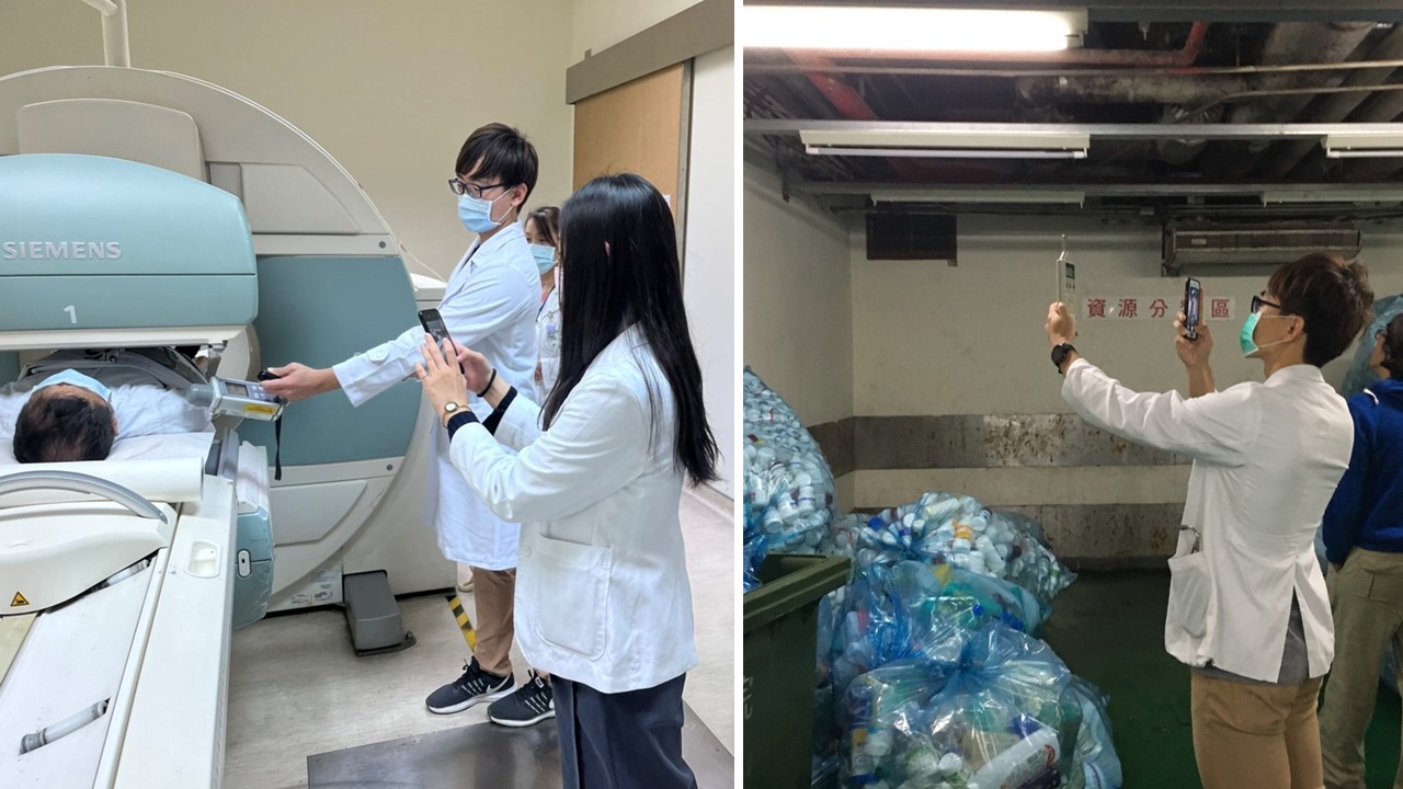 廖哲緯醫師到企業現場實測游離輻射(左)和噪音(右)