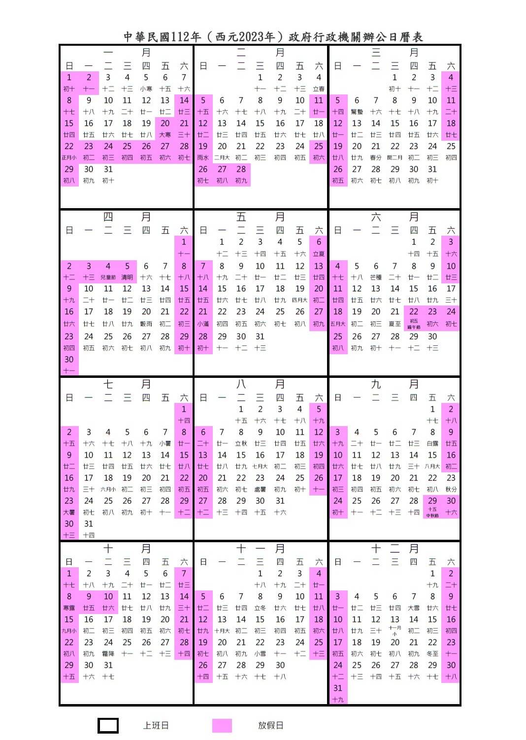 2023行事曆總放假天數116天，3天以上連續假期更多達8個。