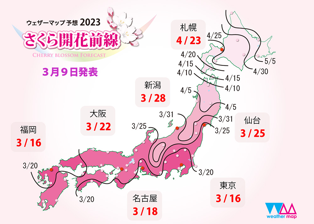 2023櫻花花況預測圖，如有出國賞櫻行程，記得常進入此網站確認當前最新開花狀況。